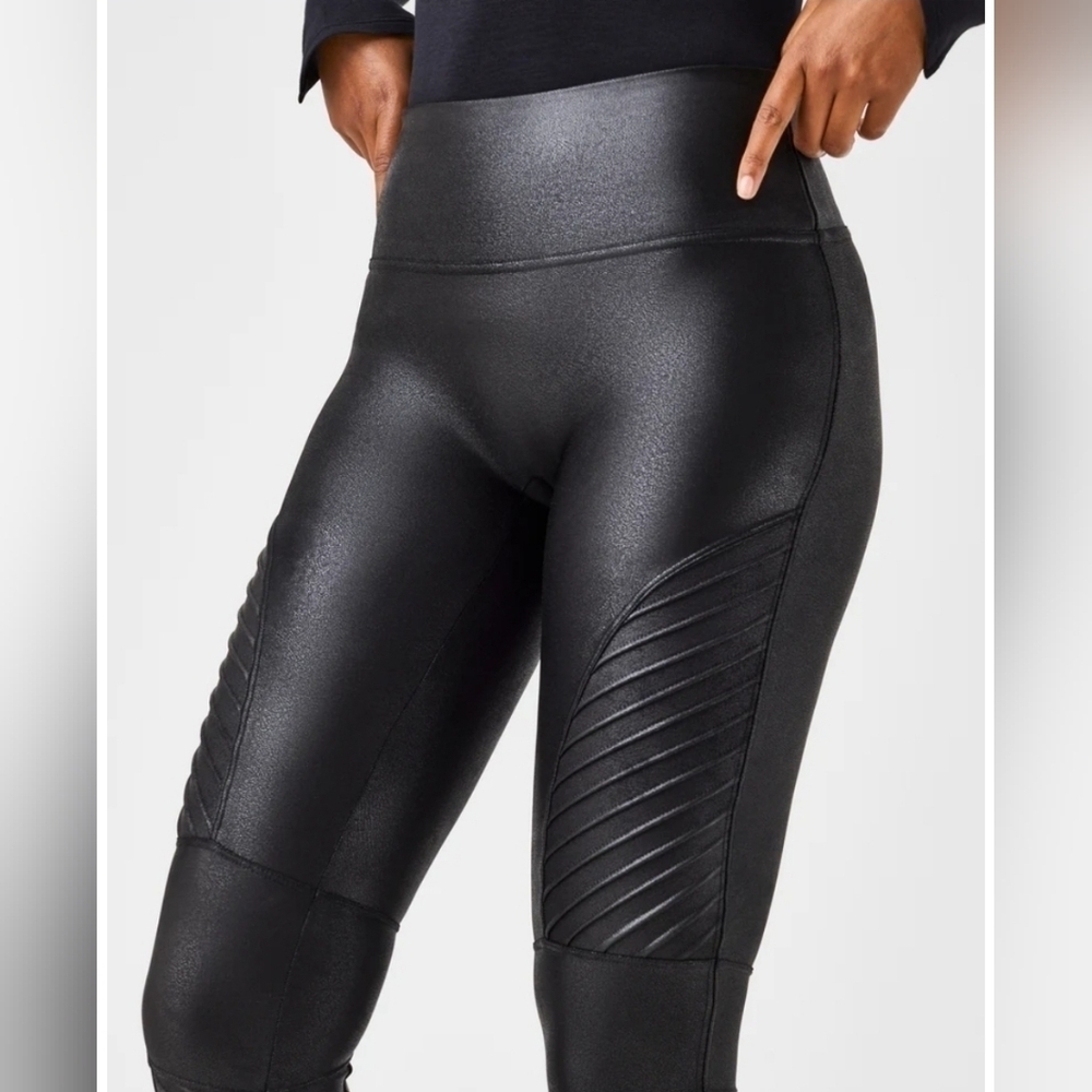 SPANX Faux Leather Moto Leggings Black High Rise Shaping Women's SP - Picture 5 of 13